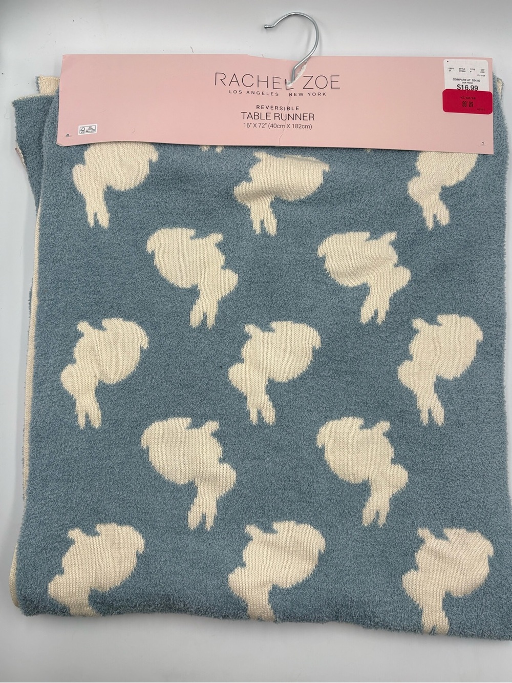 Rachel Zoe Reversible Bunny Rabbit Table Runner 16x72 Blue Cream Easter Spring
